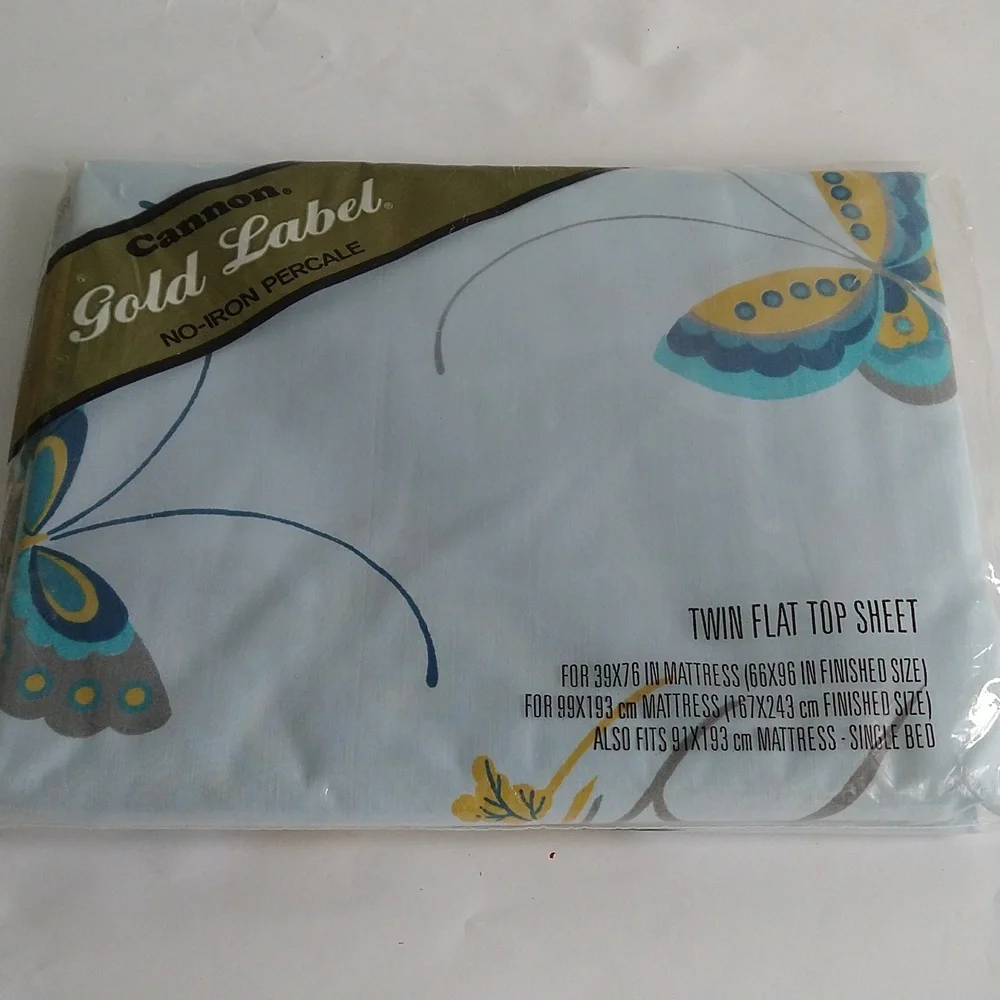 Cannon Twin Flat Bed Sheet Gold Label Butterflies Blue Mid Century Precale MCM